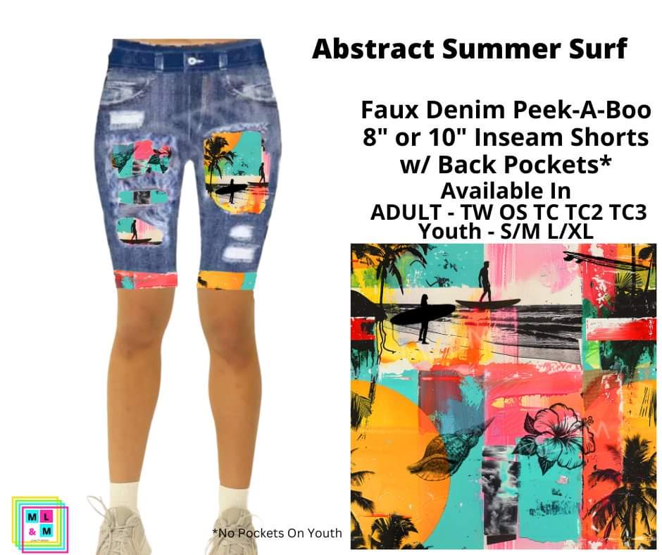Abstract Summer Surf 10" Inseam Faux Denim Shorts