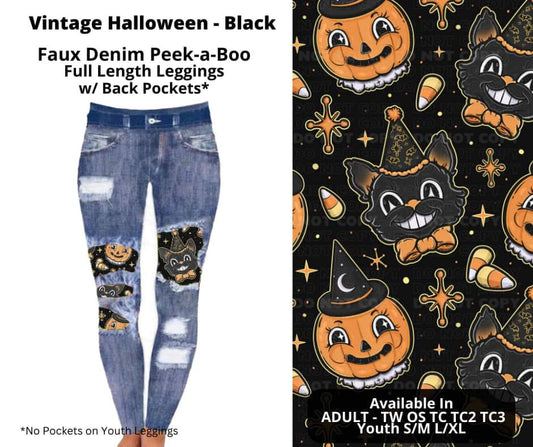 Vintage Halloween Black Faux Denim Full Length Peekaboo Leggings