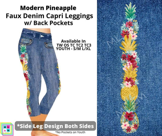 Modern Pineapple Capri Faux Denim w/ Side Leg Designs