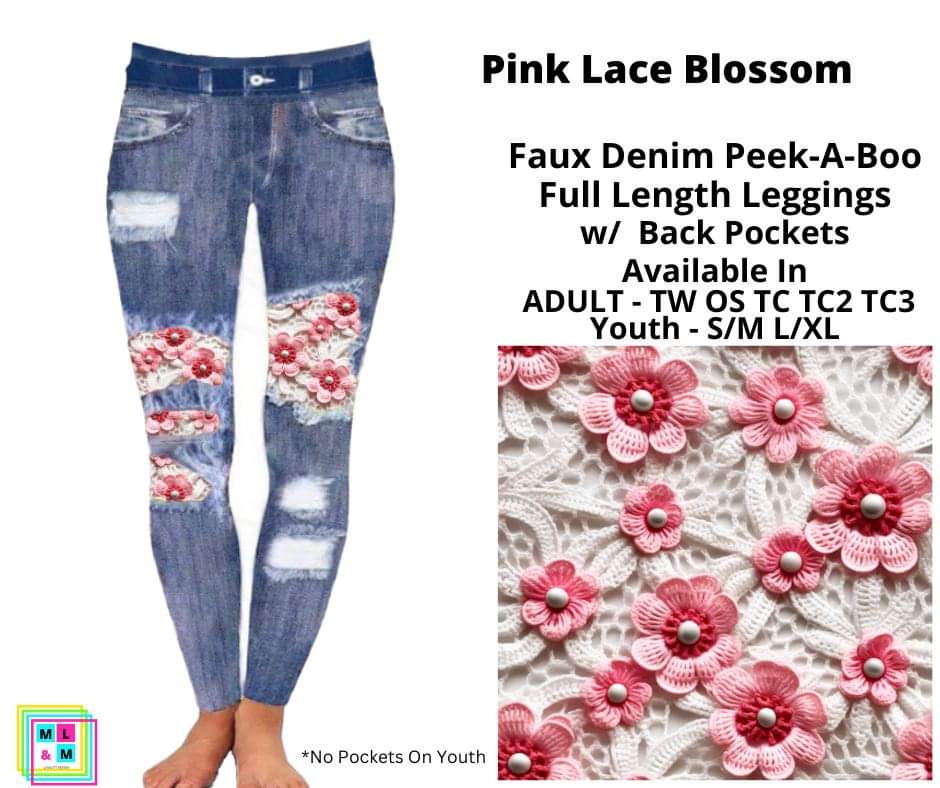 Pink Lace Blossom Faux Denim Full Length Peekaboo Leggings