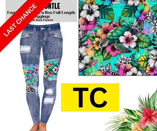 Aloha Turtle Faux Denim Full Length Peekaboo Leggings