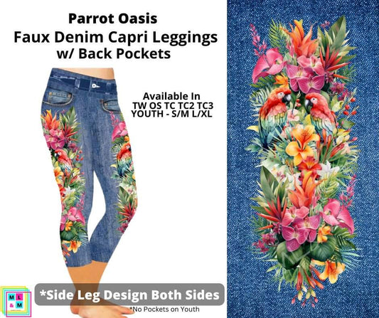 Parrot Oasis Capri Faux Denim w/ Side Leg Designs