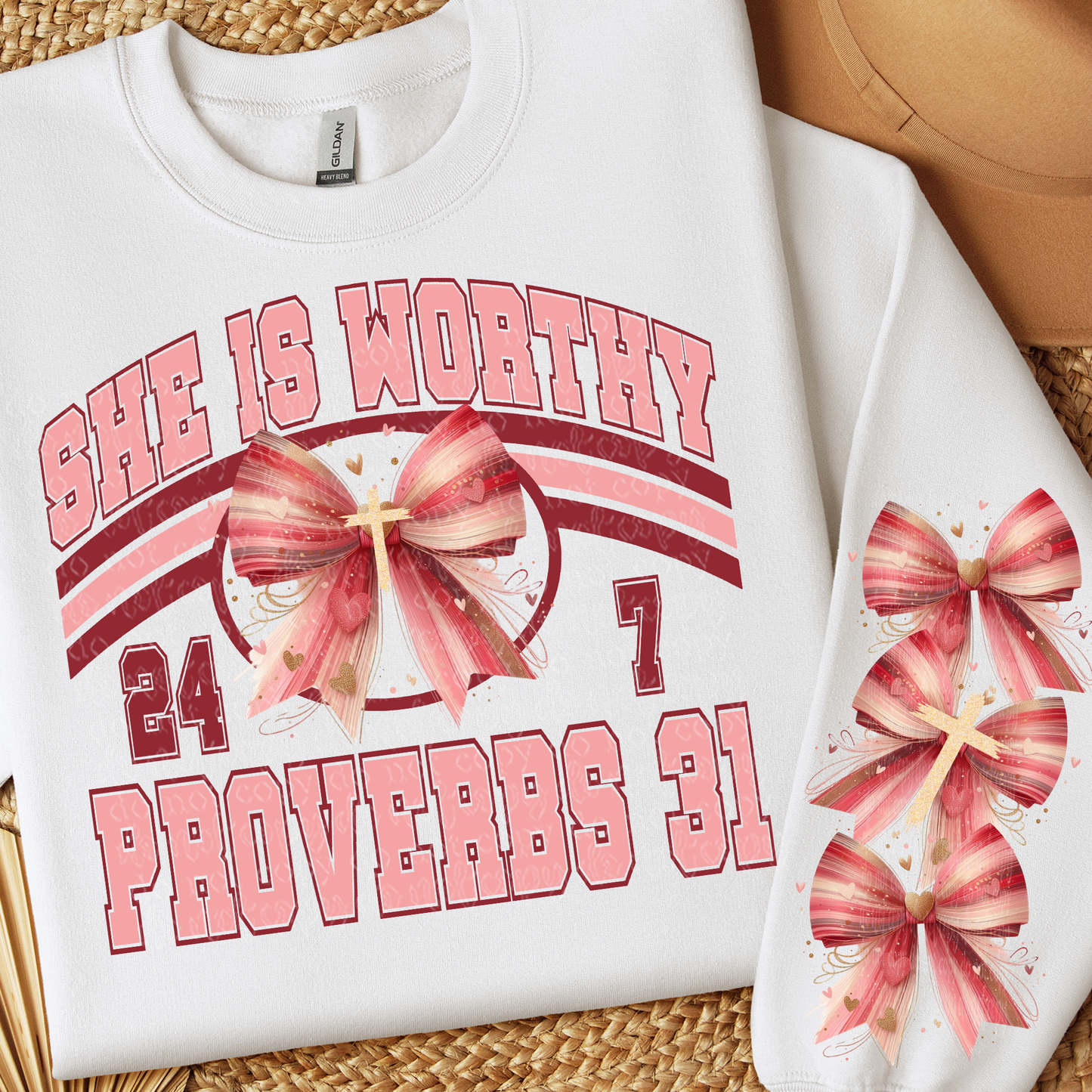 SHE IS WORTHY SWEATSHIRT W/ SLEEVE PRINT