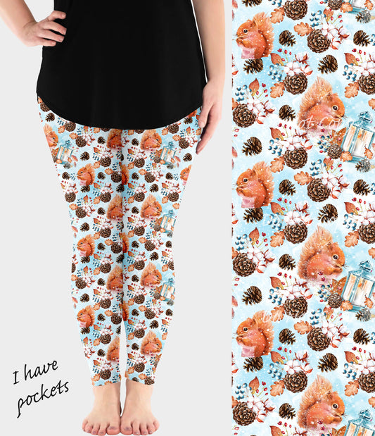 RTS - Snowy Squirrel Leggings w/ Pockets