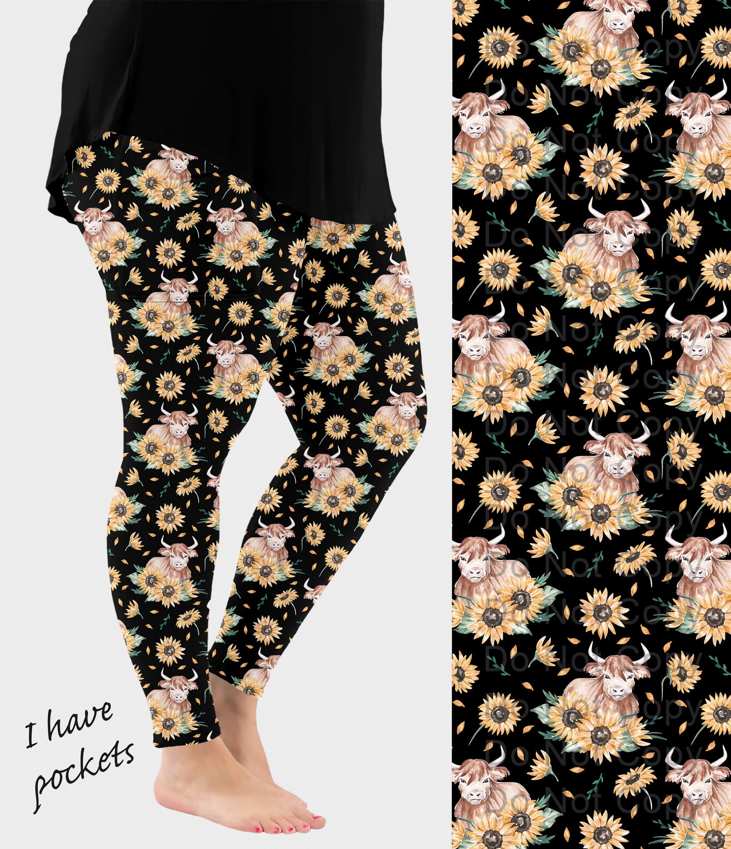 RTS - Sunflower Highland Cows Leggings w/ Pockets