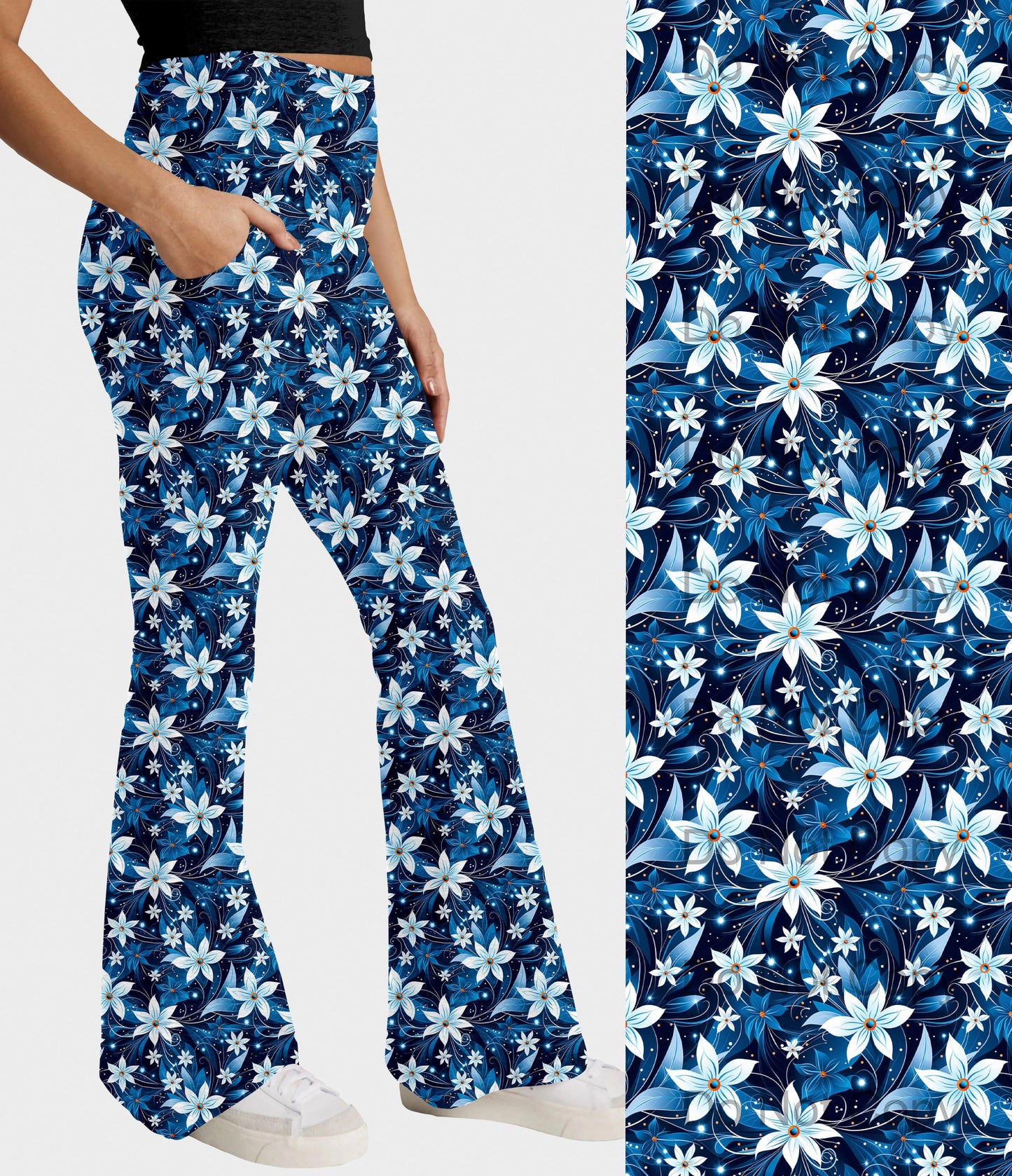 RTS - White Blooms Flare Leggings w/ Pockets