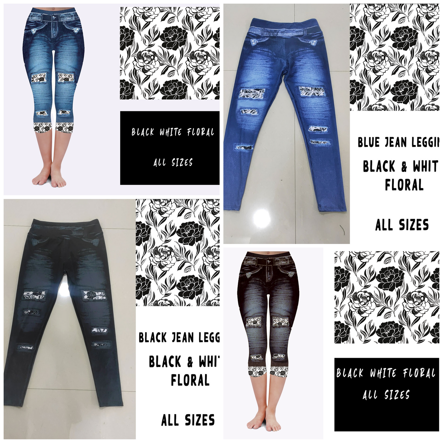 LEGGING JEAN RUN-BLACK WHITE FLORAL (ACTIVE BACK POCKETS)